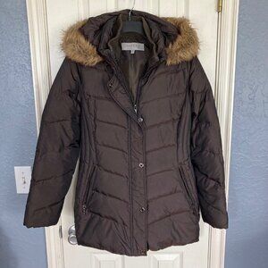 EUC Anne Klein Brown Coat with Faux Fur Trimmed Hood